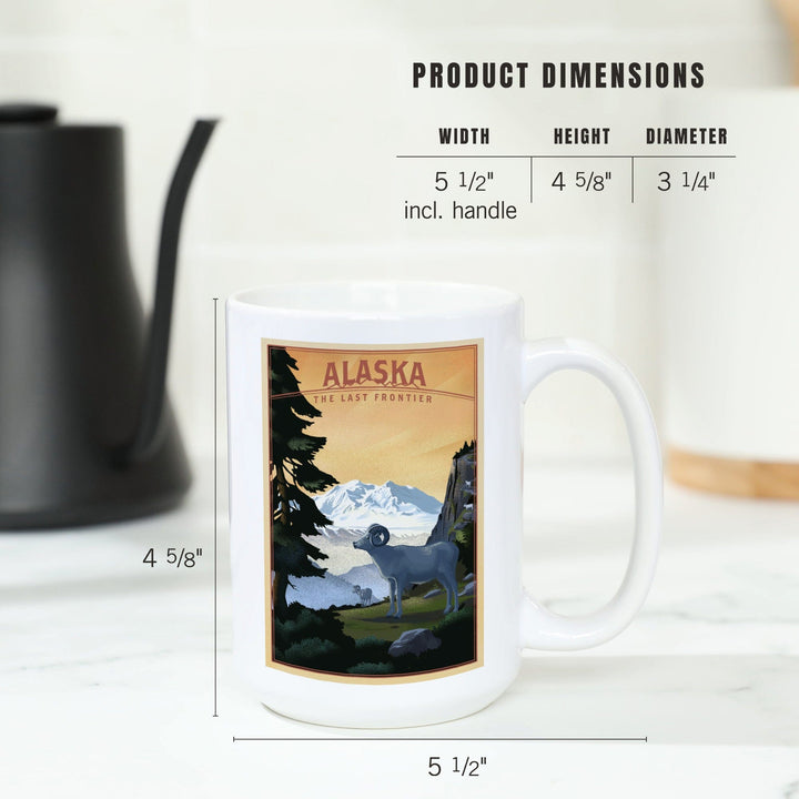 Alaska, The Last Frontier, Dall Sheep & Mountain, Lithograph, Lantern Press Artwork, Ceramic Mug Mugs Lantern Press 