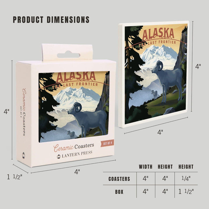 Alaska, The Last Frontier, Dall Sheep & Mountain, Lithograph, Lantern Press Artwork, Coaster Set Coasters Lantern Press 