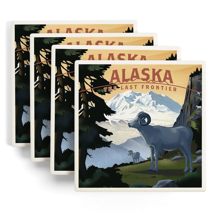 Alaska, The Last Frontier, Dall Sheep & Mountain, Lithograph, Lantern Press Artwork, Coaster Set Coasters Lantern Press 