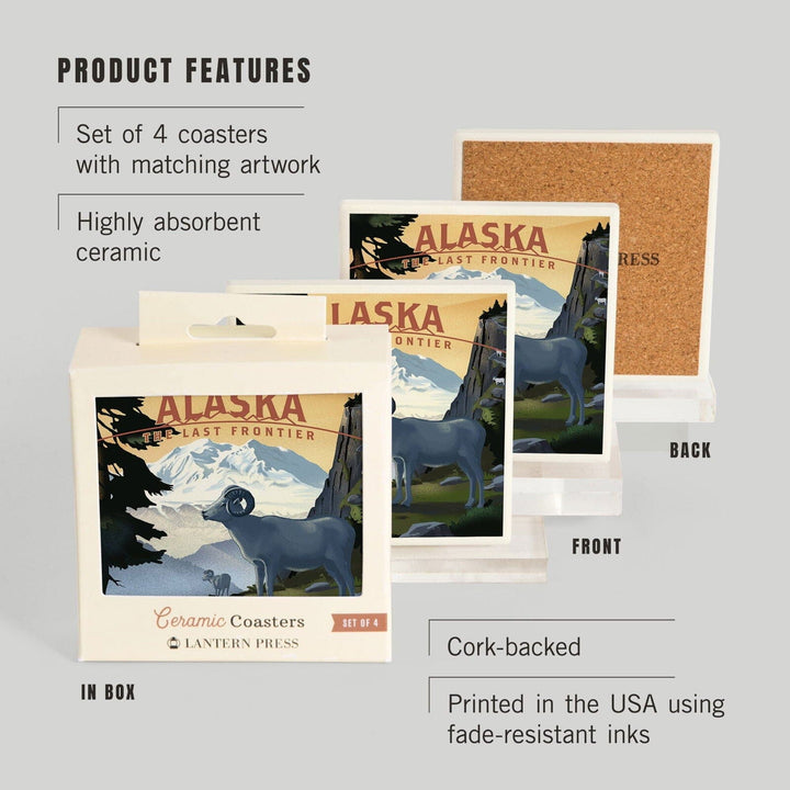 Alaska, The Last Frontier, Dall Sheep & Mountain, Lithograph, Lantern Press Artwork, Coaster Set Coasters Lantern Press 