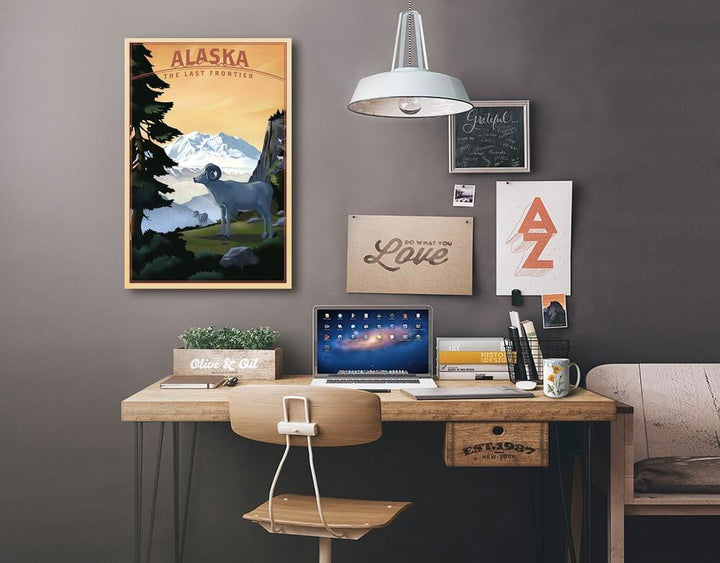 Alaska, The Last Frontier, Dall Sheep & Mountain, Lithograph, Lantern Press Artwork, Stretched Canvas Canvas Lantern Press 