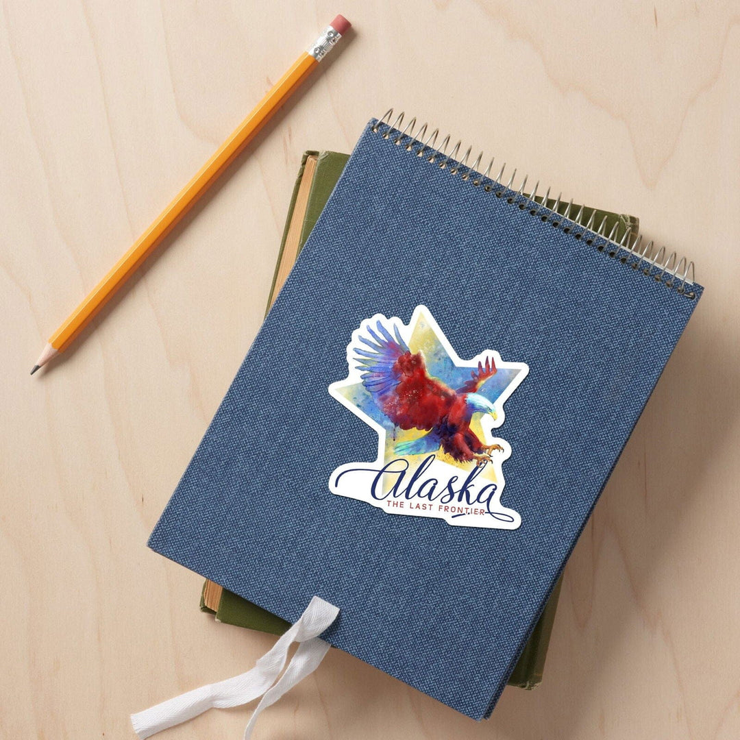 Alaska, The Last Frontier, Eagle, Watercolor, Contour, Lantern Press Artwork, Vinyl Sticker Sticker Lantern Press 