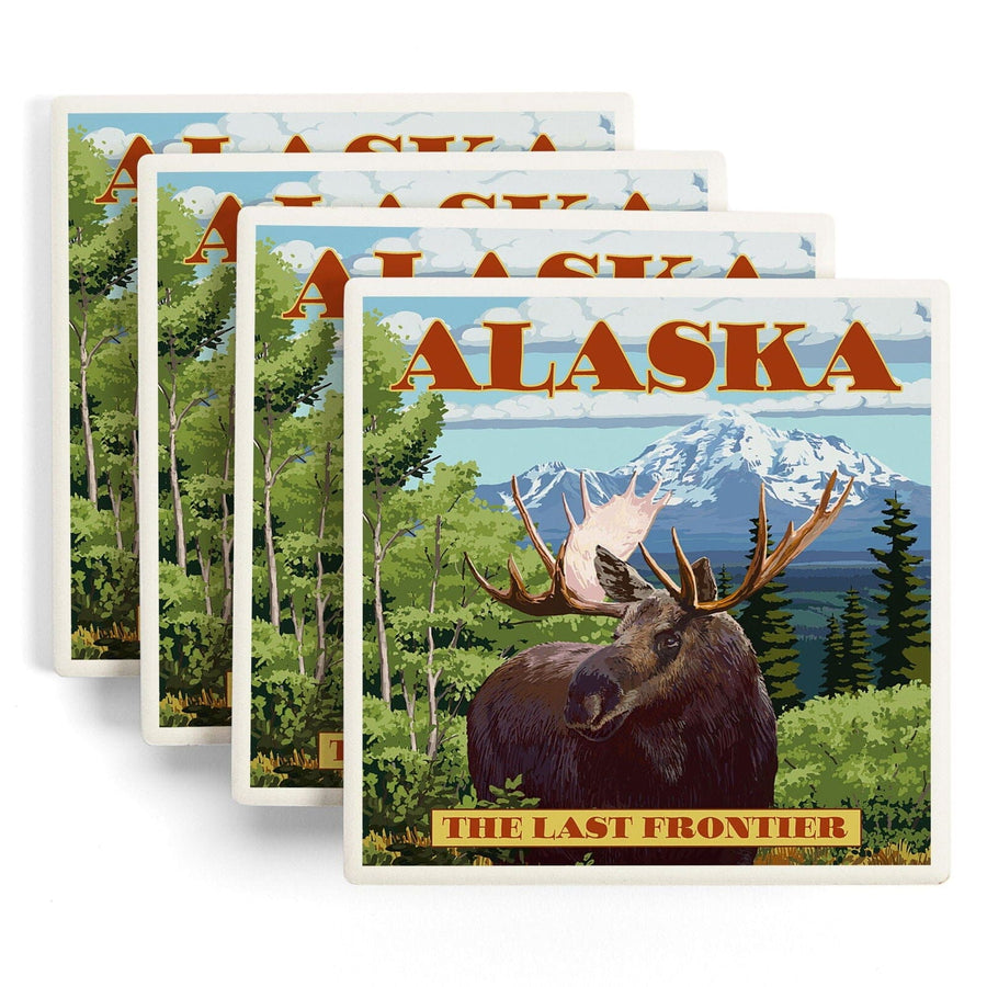 Alaska, The Last Frontier, Moose, Lantern Press Artwork, Coaster Set Coasters Lantern Press 