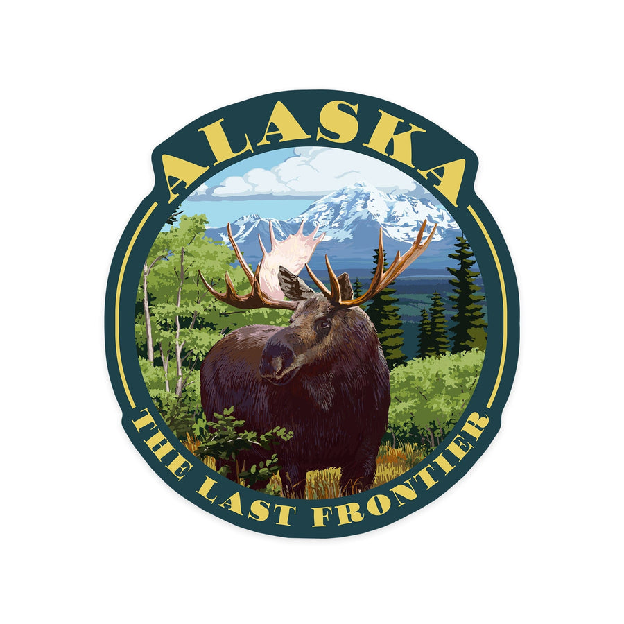 Alaska, The Last Frontier, Moose Scene, Contour, Lantern Press Artwork, Vinyl Sticker Sticker Lantern Press 