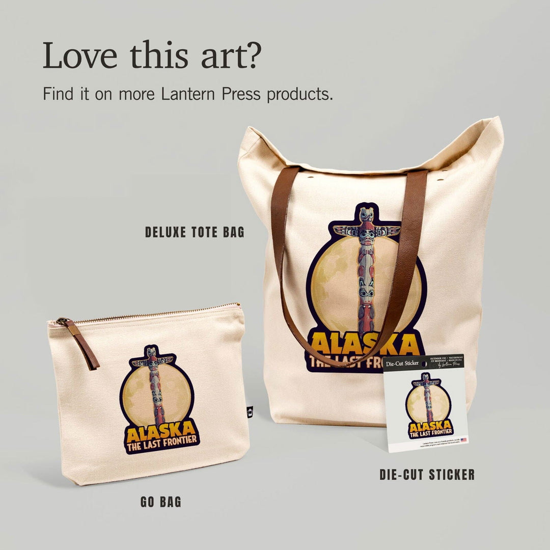 Alaska, Totem Pole and Full Moon, Contour, Vinyl Sticker Sticker Lantern Press 