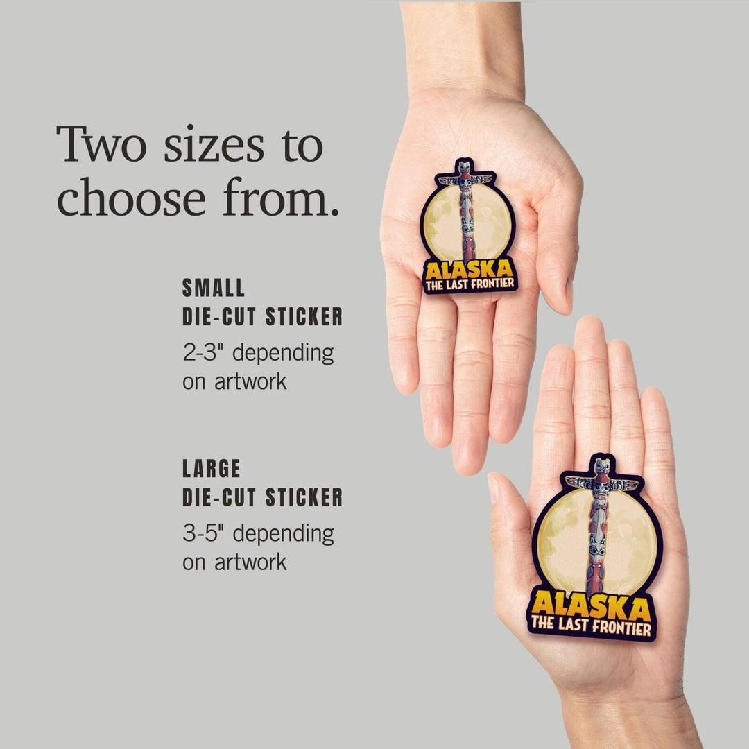 Alaska, Totem Pole and Full Moon, Contour, Vinyl Sticker Sticker Lantern Press 