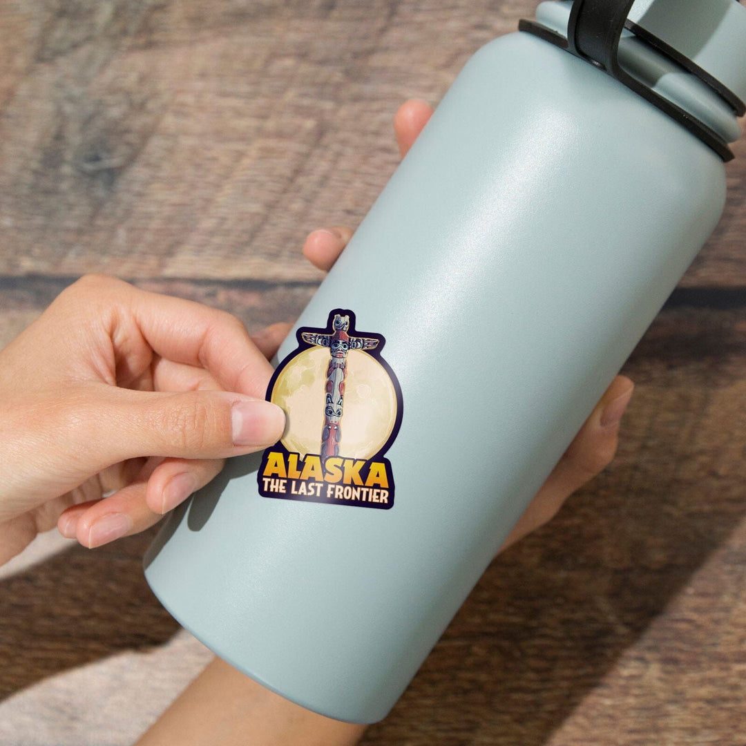 Alaska, Totem Pole and Full Moon, Contour, Vinyl Sticker Sticker Lantern Press 
