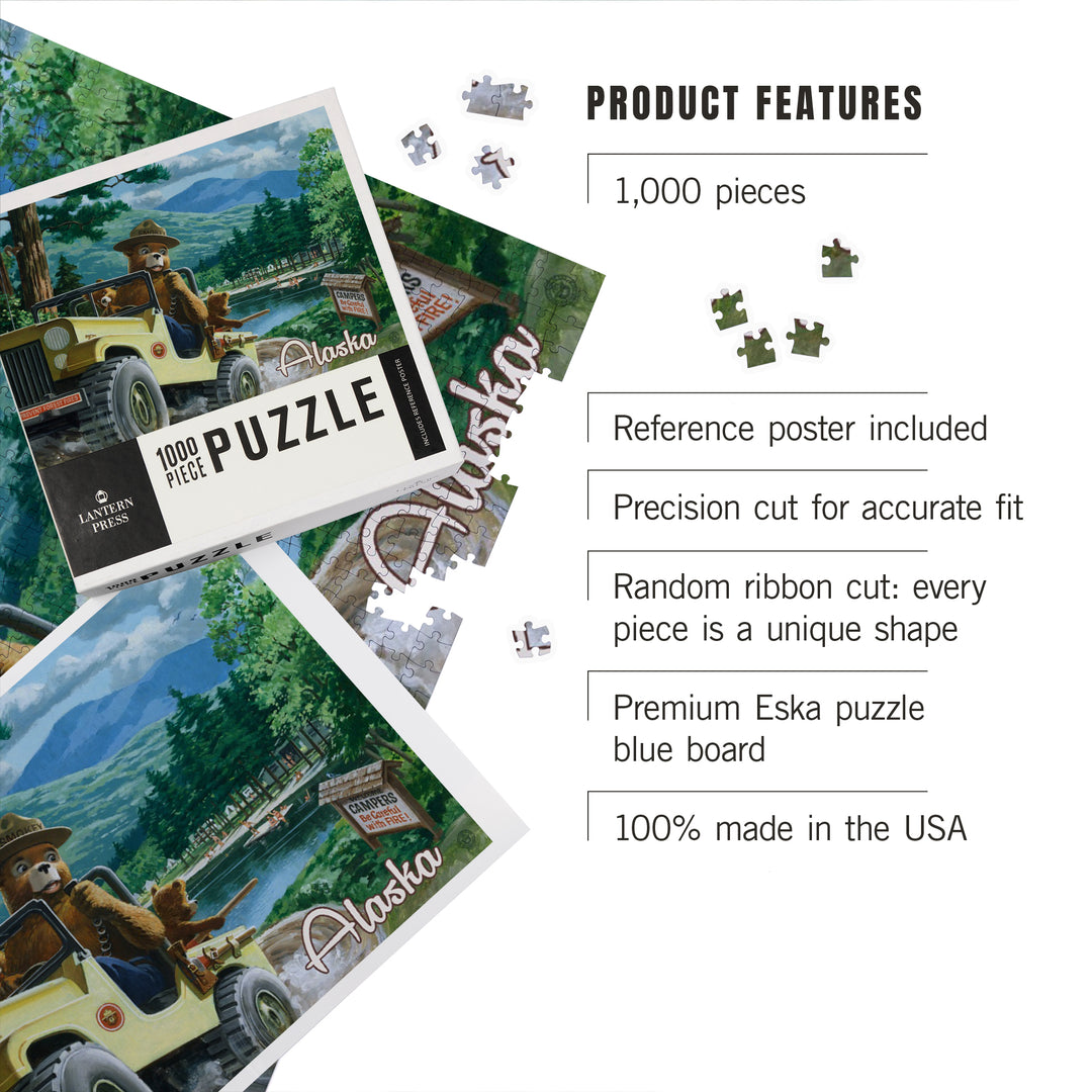 Alaska, Vintage Poster, Smokey Bear, Leaving in SUV, Jigsaw Puzzle Puzzle Lantern Press 