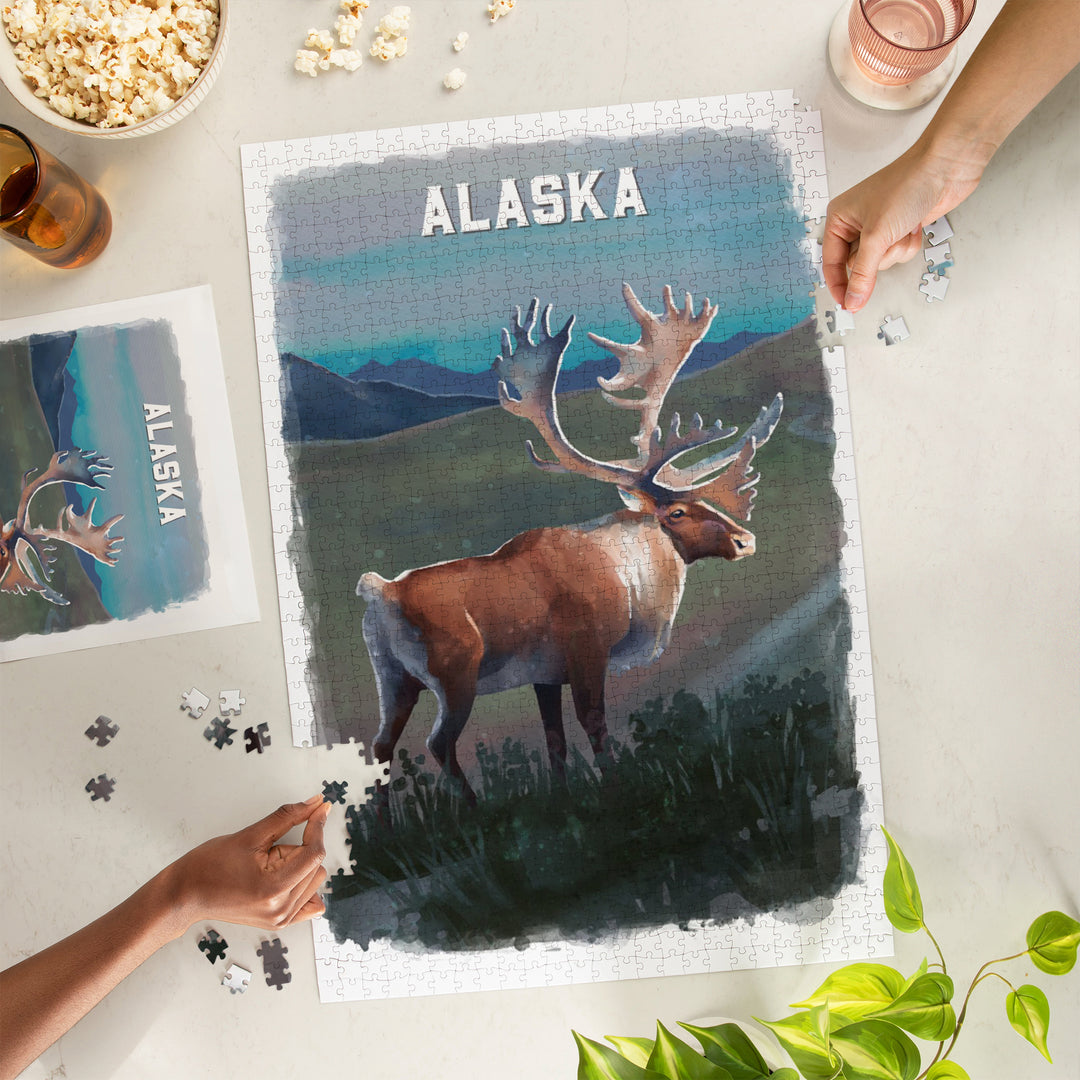 Alaska, Watercolor Study, Caribou, Jigsaw Puzzle Puzzle Lantern Press 
