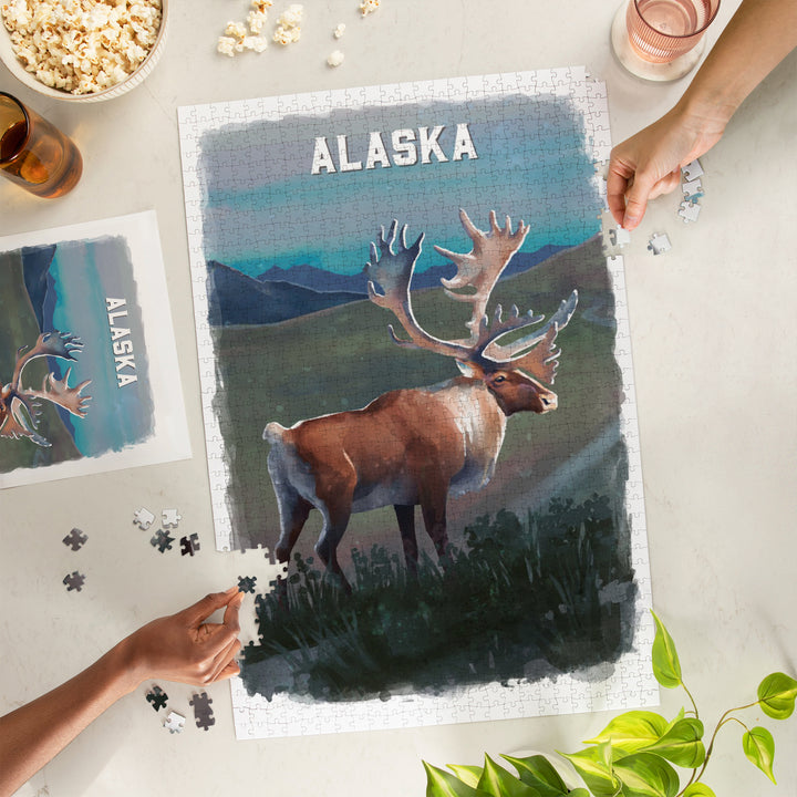 Alaska, Watercolor Study, Caribou, Jigsaw Puzzle Puzzle Lantern Press 