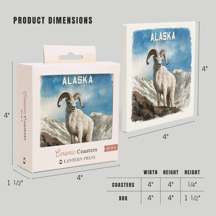Alaska, Watercolor Study, Dall Sheep, Coasters Coasters Lantern Press 