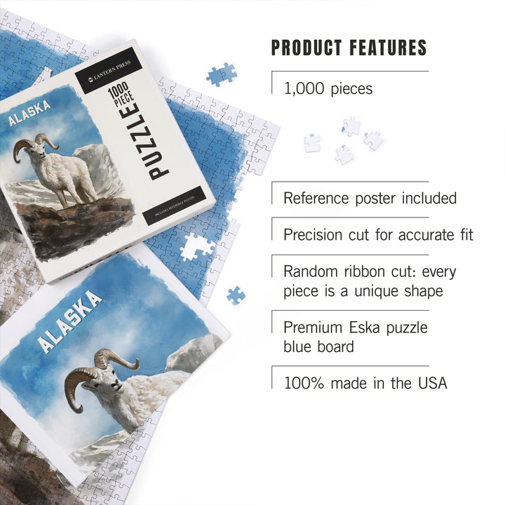 Alaska, Watercolor Study, Dall Sheep, Jigsaw Puzzle Puzzle Lantern Press 