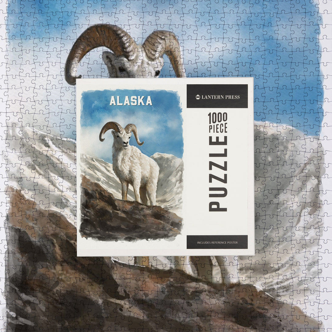 Alaska, Watercolor Study, Dall Sheep, Jigsaw Puzzle Puzzle Lantern Press 