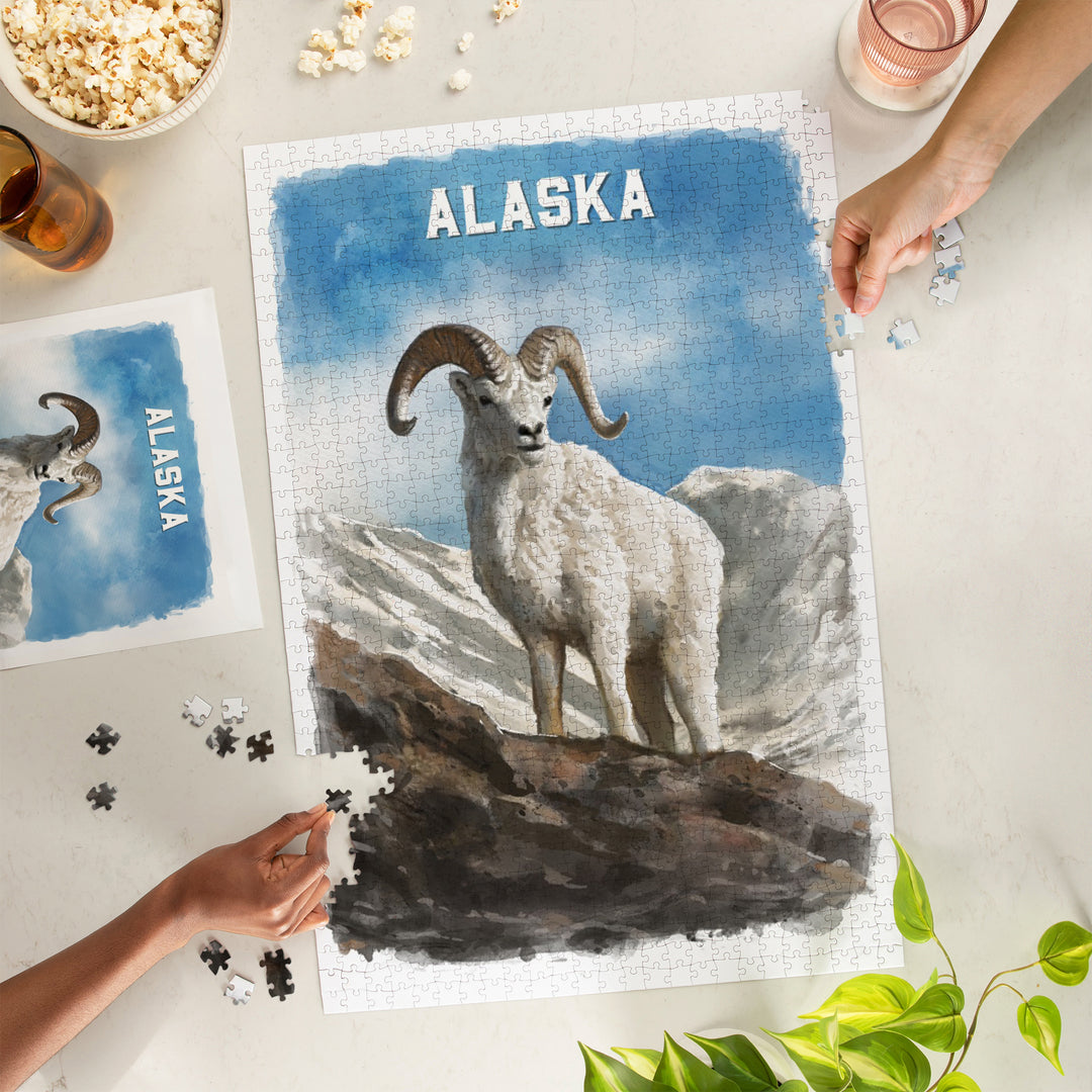 Alaska, Watercolor Study, Dall Sheep, Jigsaw Puzzle Puzzle Lantern Press 