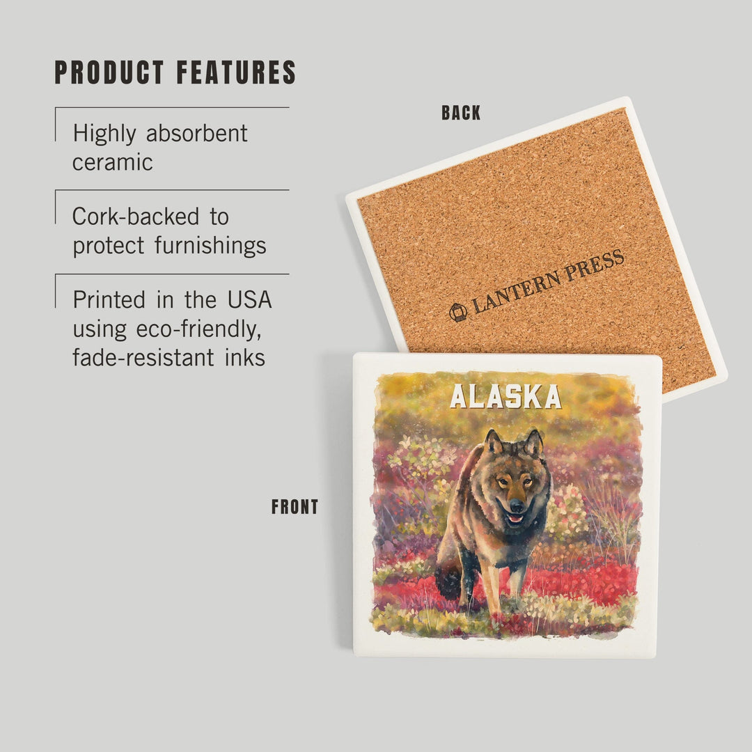 Alaska, Watercolor Study, Gray Wolf, Coasters Coasters Lantern Press 