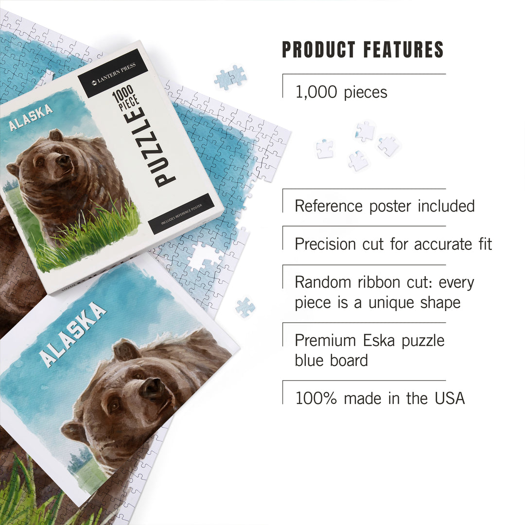 Alaska, Watercolor Study, Grizzly Bear, Jigsaw Puzzle Puzzle Lantern Press 