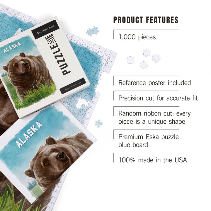 Alaska, Watercolor Study, Grizzly Bear, Jigsaw Puzzle Puzzle Lantern Press 