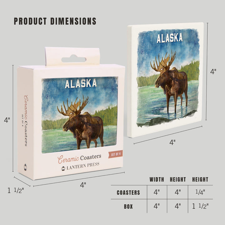 Alaska, Watercolor Study, Moose, Coasters Coasters Lantern Press 