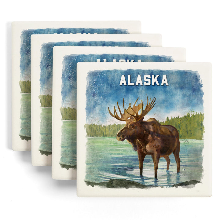 Alaska, Watercolor Study, Moose, Coasters Coasters Lantern Press 