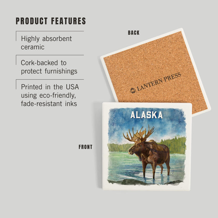 Alaska, Watercolor Study, Moose, Coasters Coasters Lantern Press 