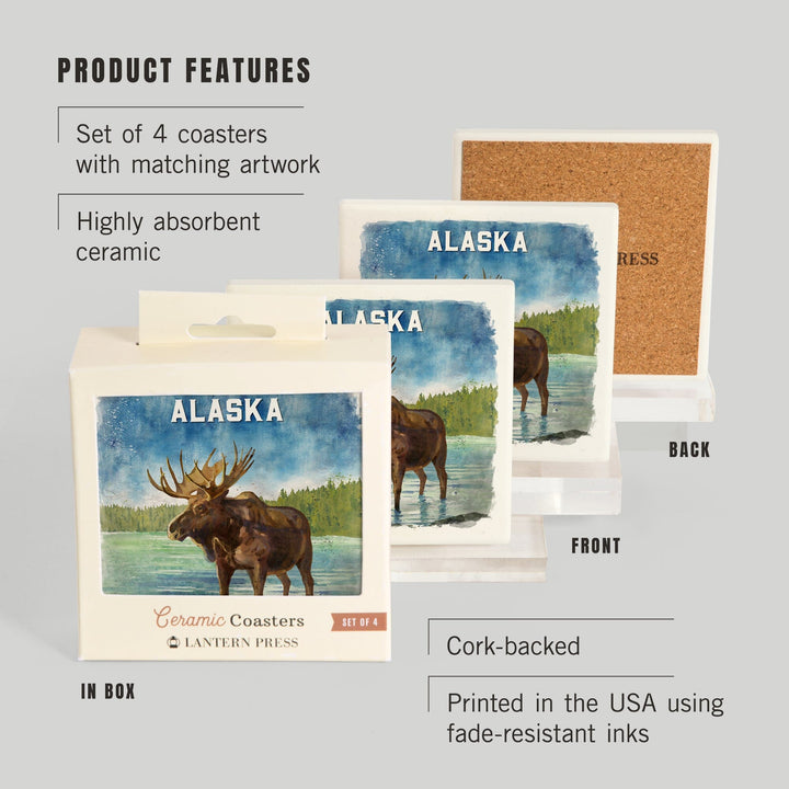 Alaska, Watercolor Study, Moose, Coasters Coasters Lantern Press 