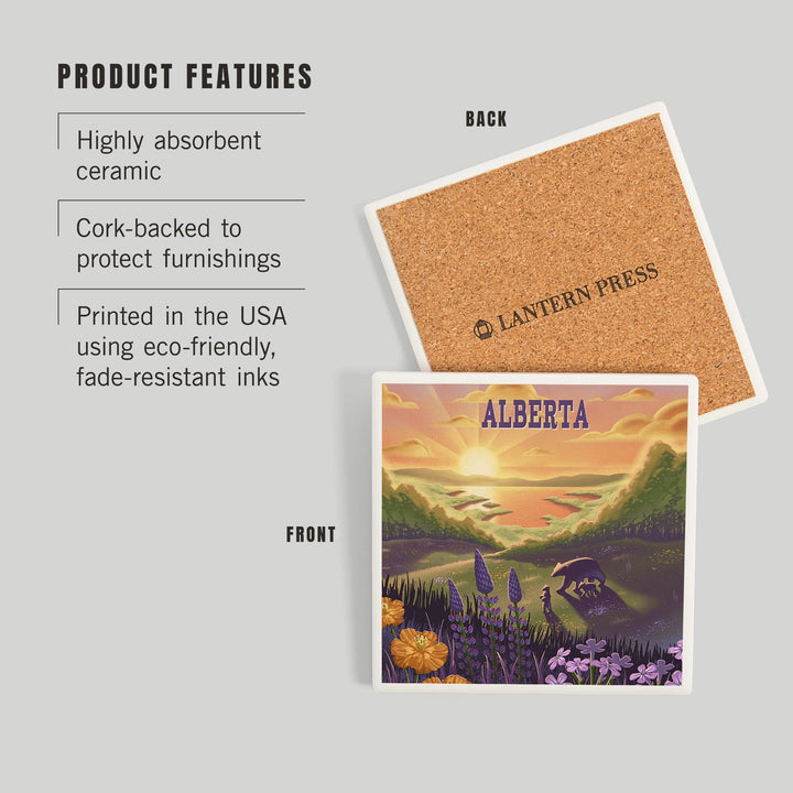 Alberta, Lithograph, Bear and Spring Flowers, Lake, Coasters Coasters Lantern Press 