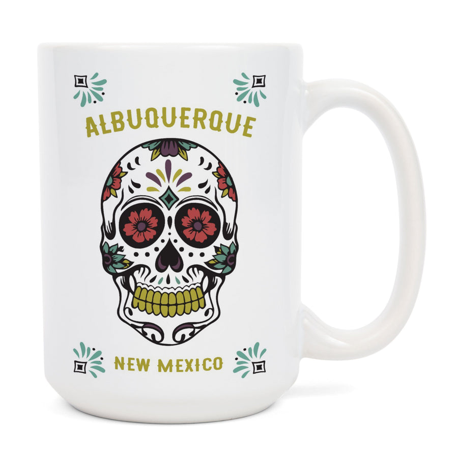 Albuquerque, New Mexico, Day of the Dead, Sugar Skull (White & Magenta), Lantern Press Artwork, Ceramic Mug Mugs Lantern Press 