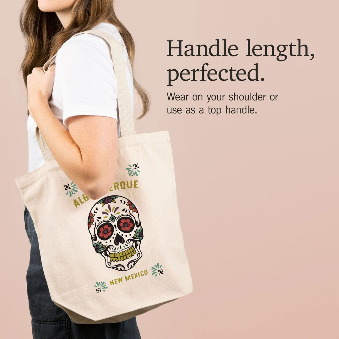 Albuquerque, New Mexico, Day of the Dead, Sugar Skull (White & Magenta), Lantern Press Artwork, Tote Bag Totes Lantern Press 