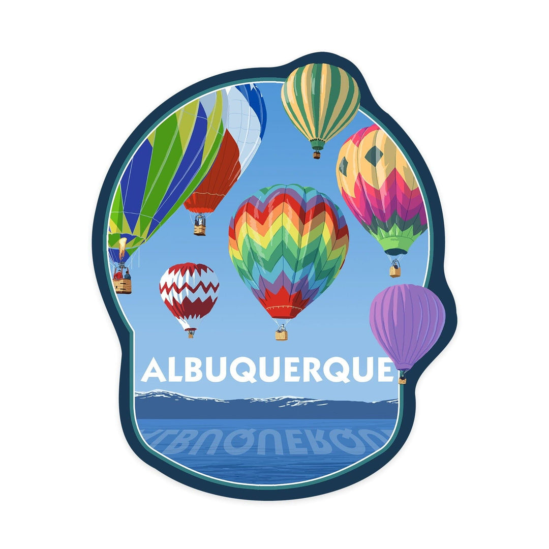 Albuquerque, New Mexico, Hot Air Balloon and Lake Scene, Contour, Vinyl Sticker Sticker Lantern Press 