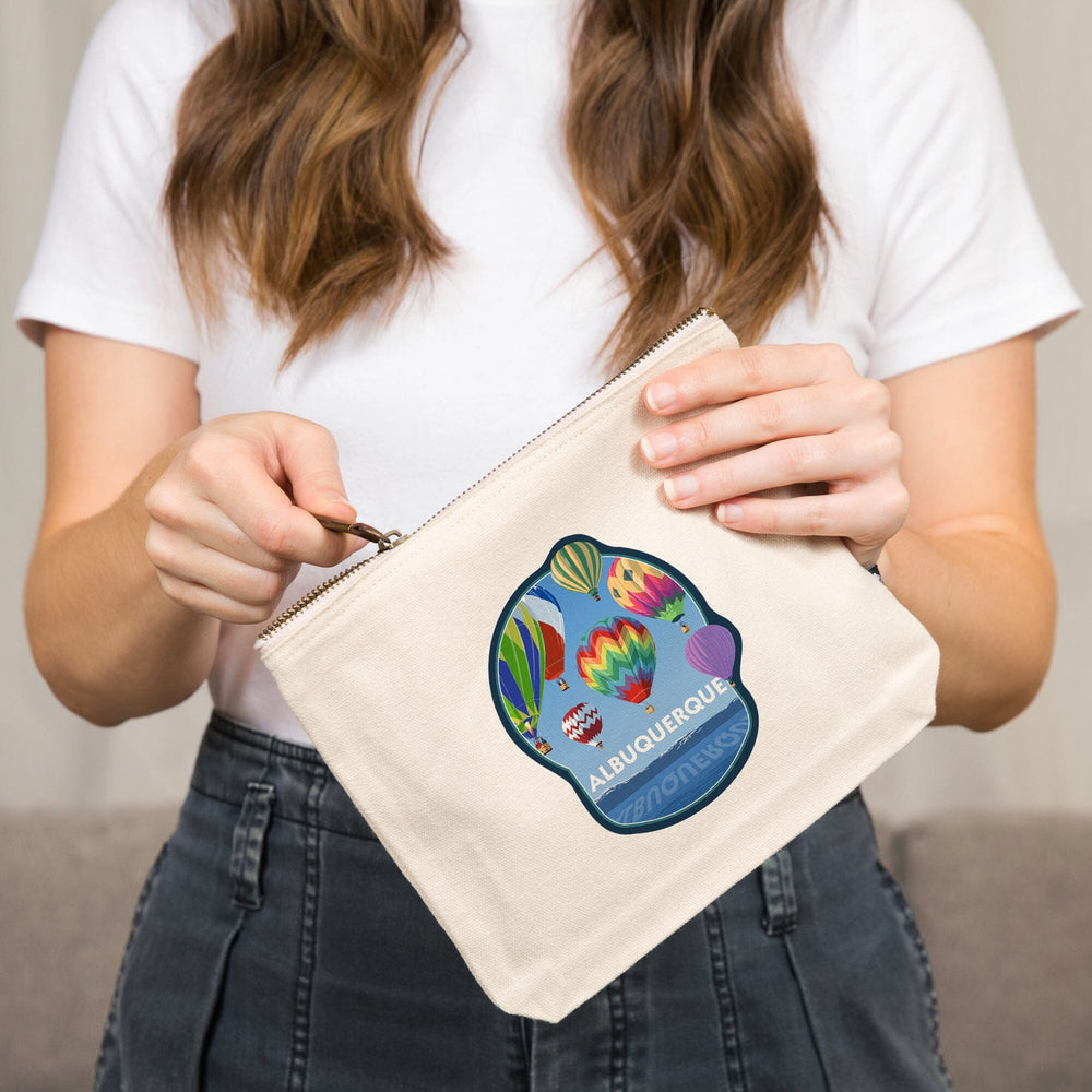Albuquerque, New Mexico, Hot Air Balloon and Lake Scene,, Organic Cotton Zipper Pouch, Go Bag Go Bag Lantern Press 