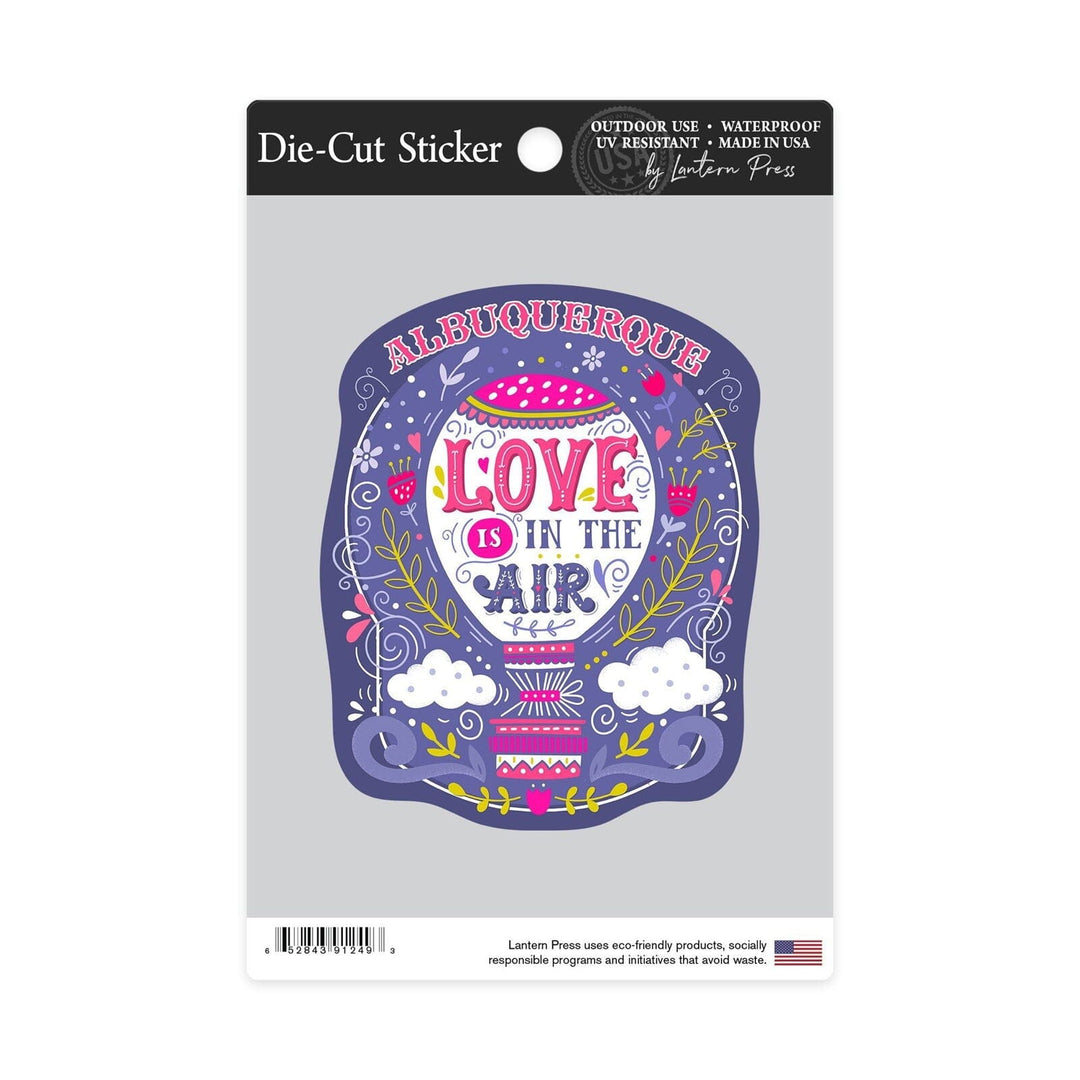 Albuquerque, New Mexico, Love Is In the Air, Hot Air Balloon, Contour, Lantern Press Artwork, Vinyl Sticker Sticker Lantern Press 