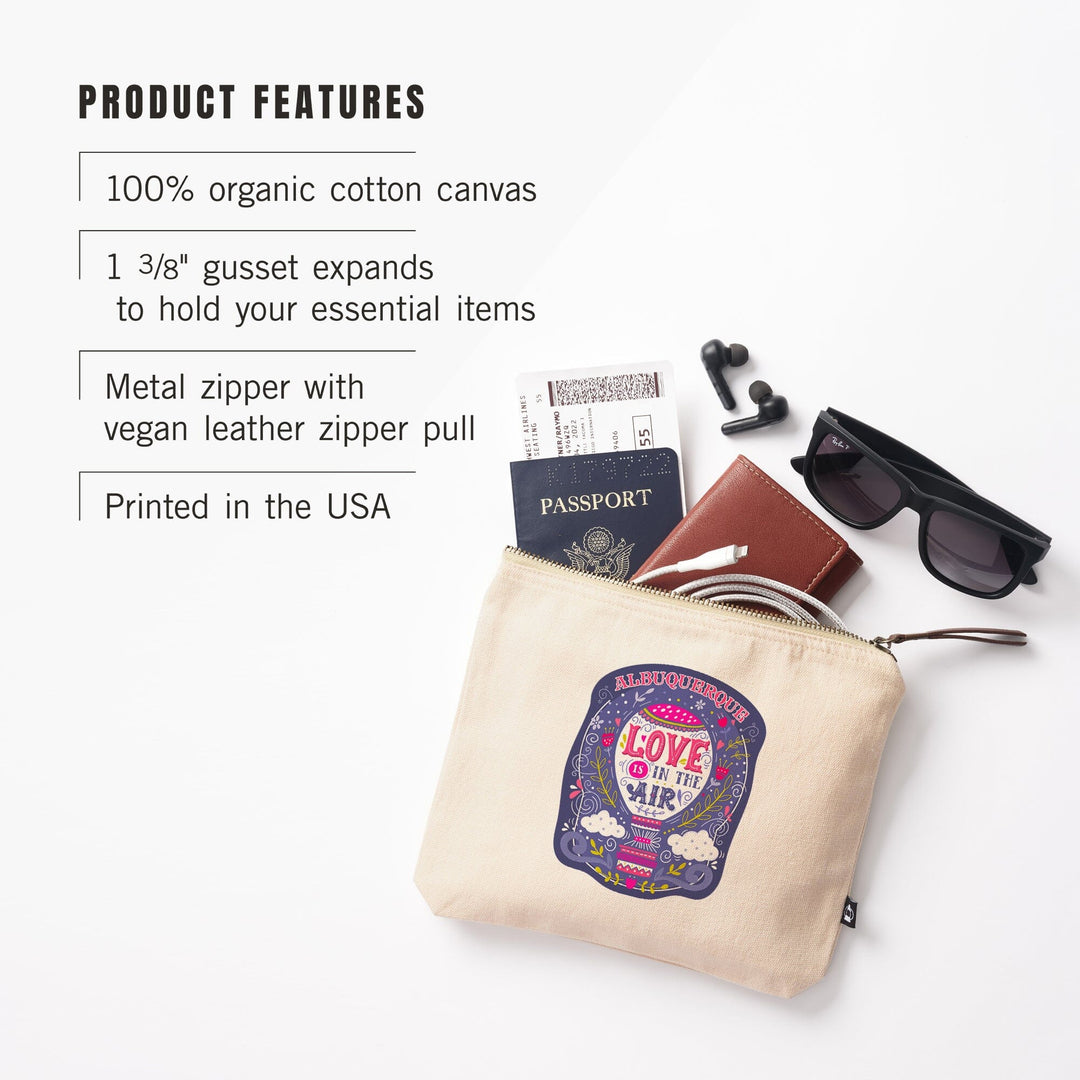 Albuquerque, New Mexico, Love Is In the Air, Hot Air Balloon,, Organic Cotton Zipper Pouch, Go Bag Go Bag Lantern Press 