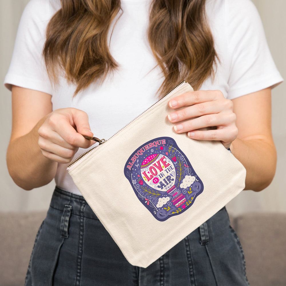 Albuquerque, New Mexico, Love Is In the Air, Hot Air Balloon,, Organic Cotton Zipper Pouch, Go Bag Go Bag Lantern Press 