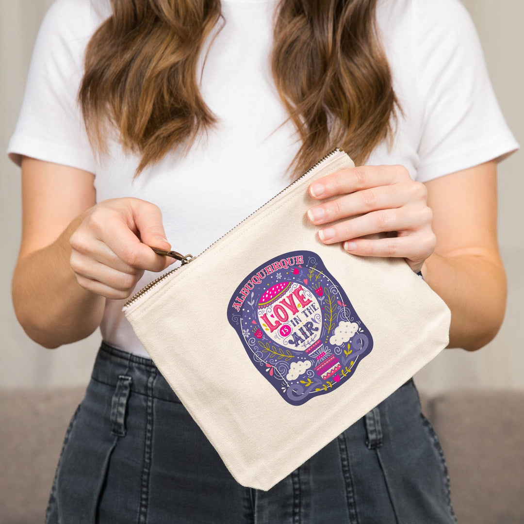 Albuquerque, New Mexico, Love Is In the Air, Hot Air Balloon,, Organic Cotton Zipper Pouch, Go Bag Go Bag Lantern Press 