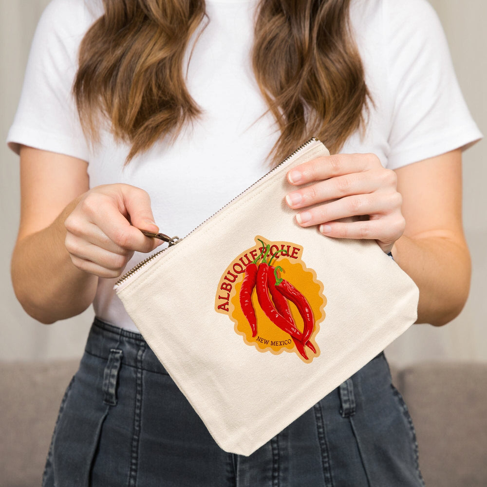 Albuquerque, New Mexico, Red Chiles, Letterpress,, Organic Cotton Zipper Pouch, Go Bag Go Bag Lantern Press 