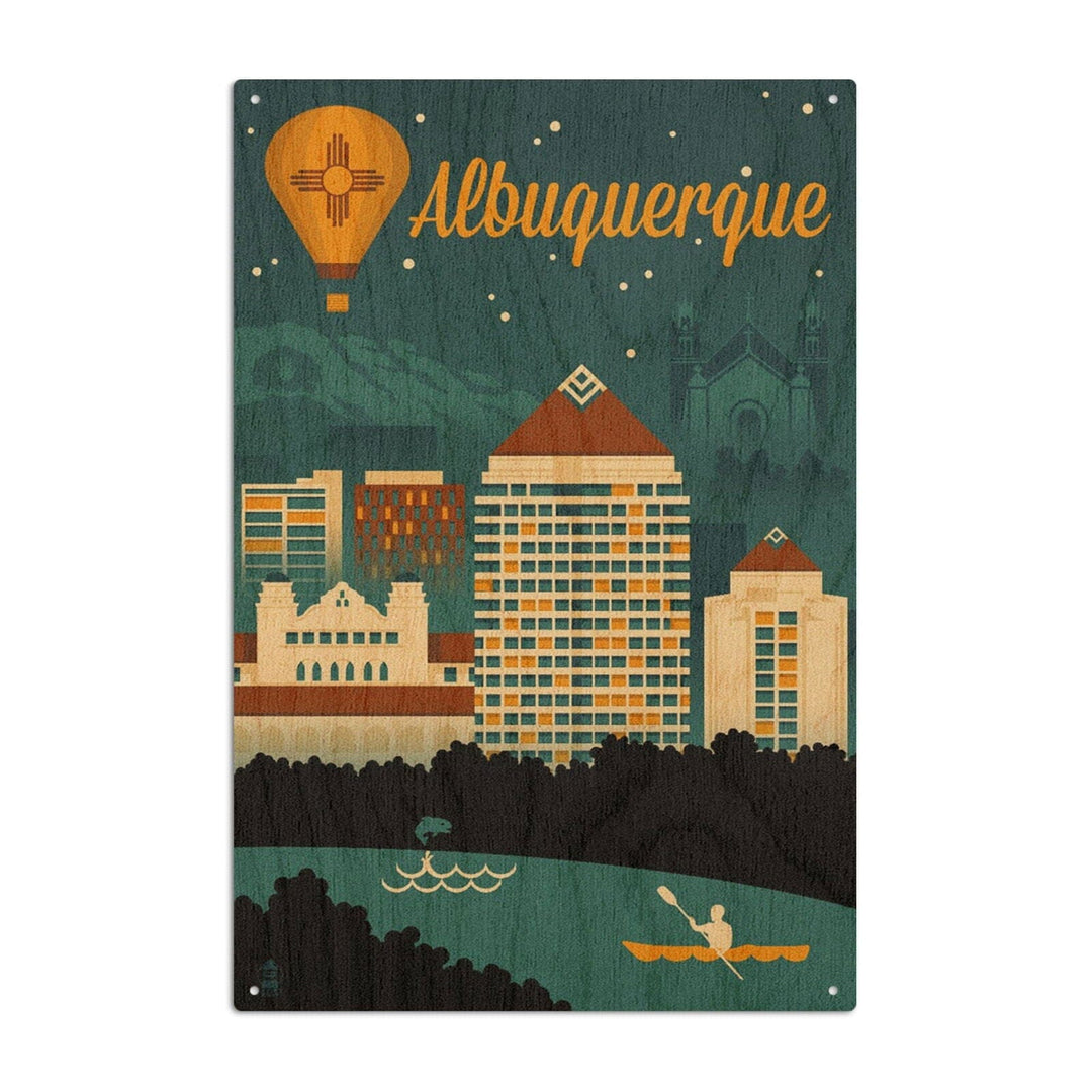 Albuquerque, New Mexico, Retro Skyline, Lantern Press Artwork, Wood Signs and Postcards Wood Lantern Press 6x9 Wood Sign 