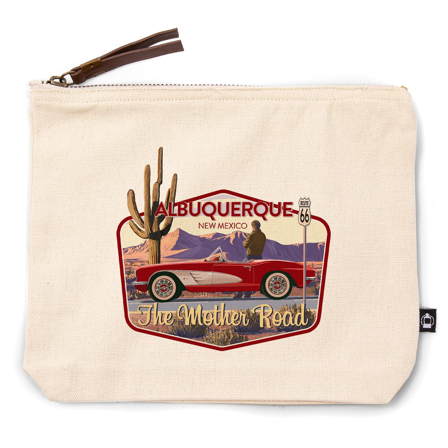 Albuquerque, New Mexico, Route 66, Classic Car,, Organic Cotton Zipper Pouch, Go Bag Go Bag Lantern Press 