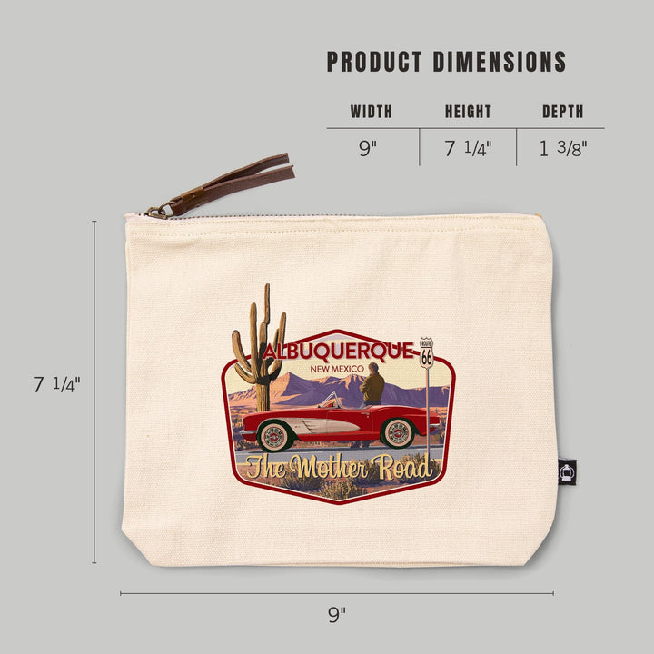 Albuquerque, New Mexico, Route 66, Classic Car,, Organic Cotton Zipper Pouch, Go Bag Go Bag Lantern Press 