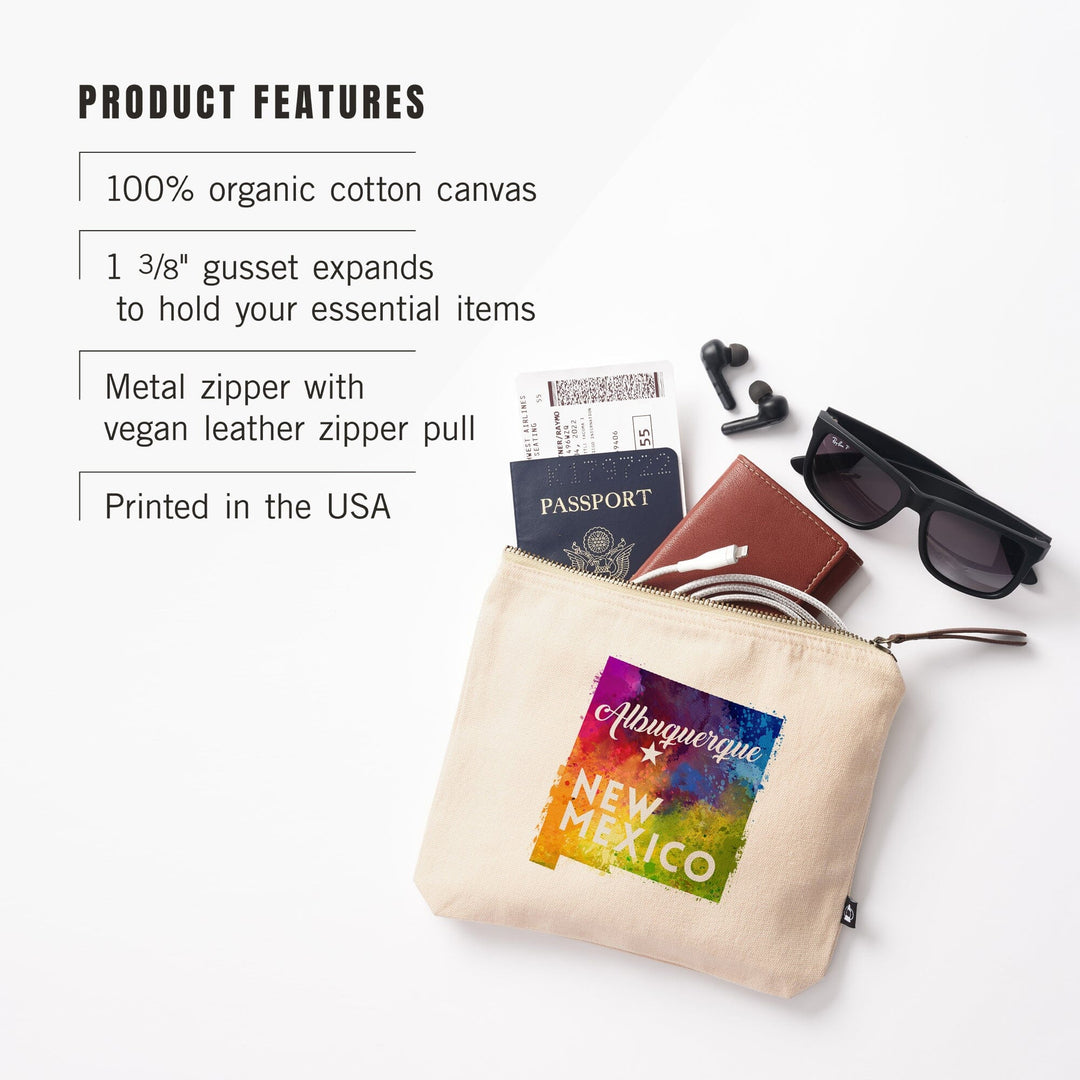 Albuquerque, New Mexico, State Abstract Watercolor,, Organic Cotton Zipper Pouch, Go Bag Go Bag Lantern Press 