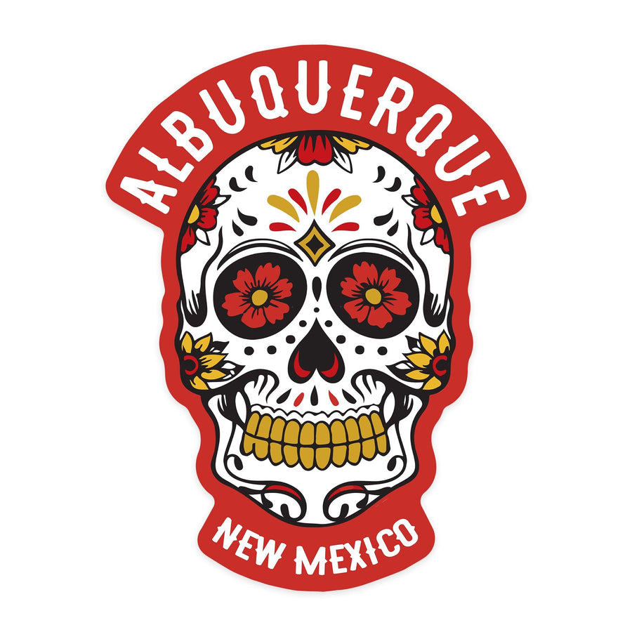 Albuquerque, New Mexico, Sugar Skull & Flower Pattern, Red & Gold, Contour, Lantern Press Artwork, Vinyl Sticker Sticker Lantern Press 