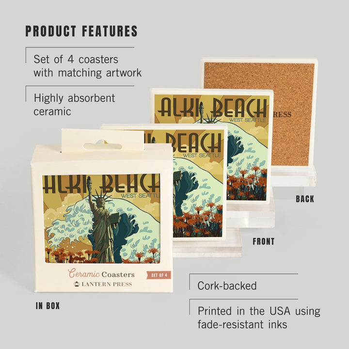 Alki Beach, West Seattle, Washington, Lady Liberty Statue, Coasters Coasters Lantern Press 