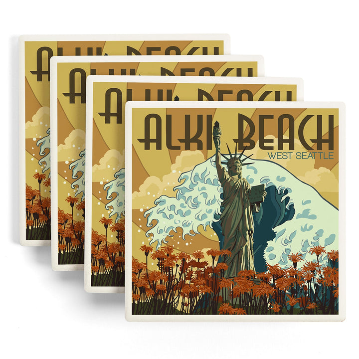 Alki Beach, West Seattle, Washington, Lady Liberty Statue, Coasters Coasters Lantern Press 