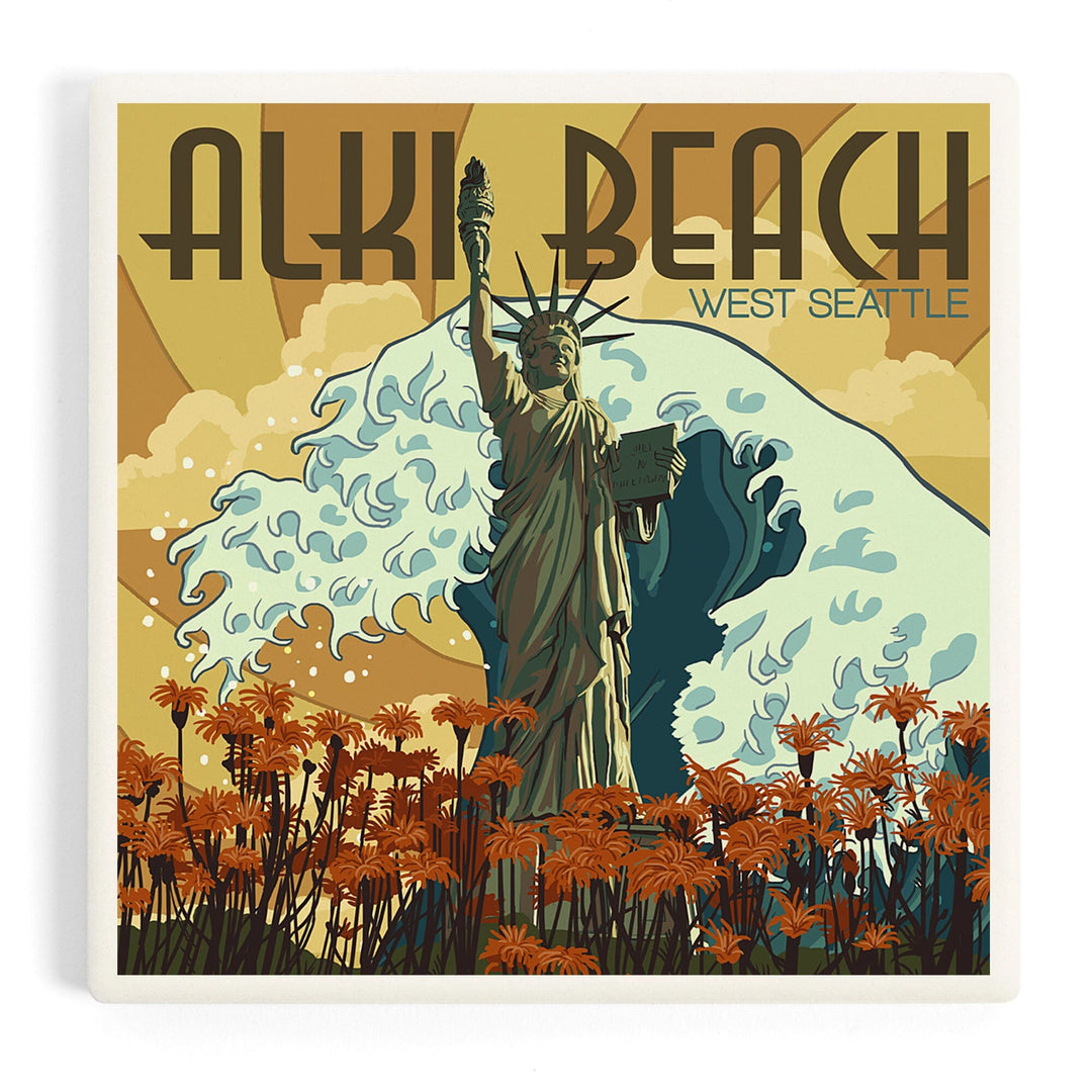 Alki Beach, West Seattle, Washington, Lady Liberty Statue, Coasters Coasters Lantern Press Coaster 