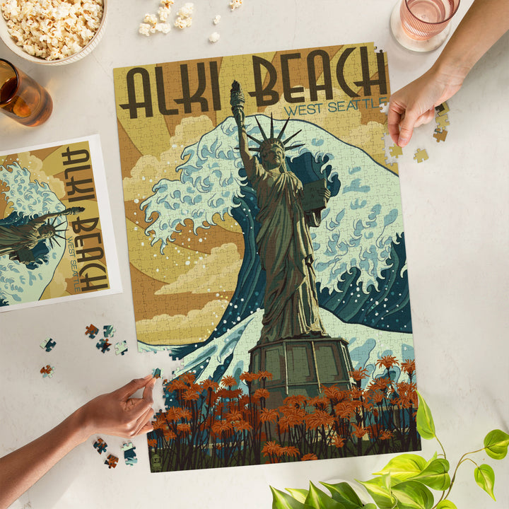 Alki Beach, West Seattle, Washington, Lady Liberty Statue, Jigsaw Puzzle Puzzle Lantern Press 