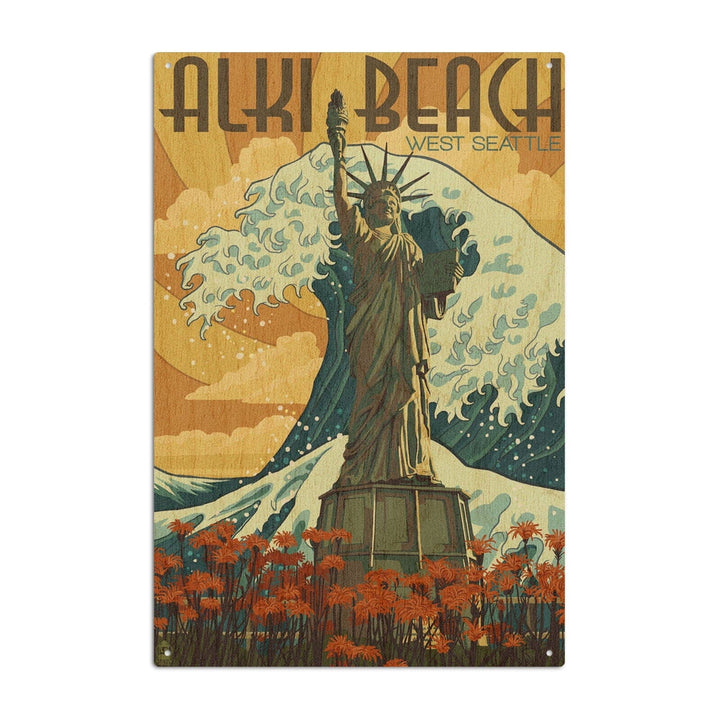 Alki Beach, West Seattle, Washington, Lady Liberty Statue, Lantern Press Artwork, Wood Signs and Postcards Wood Lantern Press 10 x 15 Wood Sign 