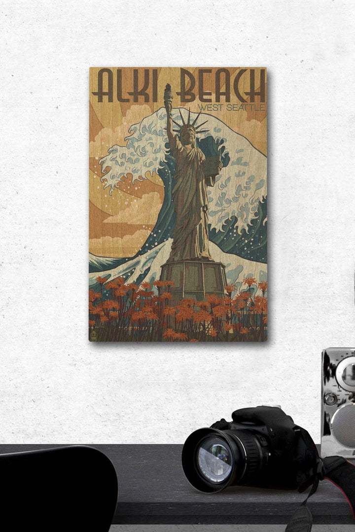 Alki Beach, West Seattle, Washington, Lady Liberty Statue, Lantern Press Artwork, Wood Signs and Postcards Wood Lantern Press 12 x 18 Wood Gallery Print 