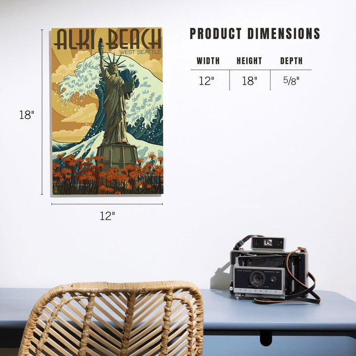 Alki Beach, West Seattle, Washington, Lady Liberty Statue, Lantern Press Artwork, Wood Signs and Postcards Wood Lantern Press 