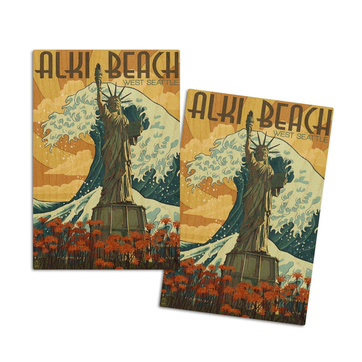 Alki Beach, West Seattle, Washington, Lady Liberty Statue, Lantern Press Artwork, Wood Signs and Postcards Wood Lantern Press 4x6 Wood Postcard Set 