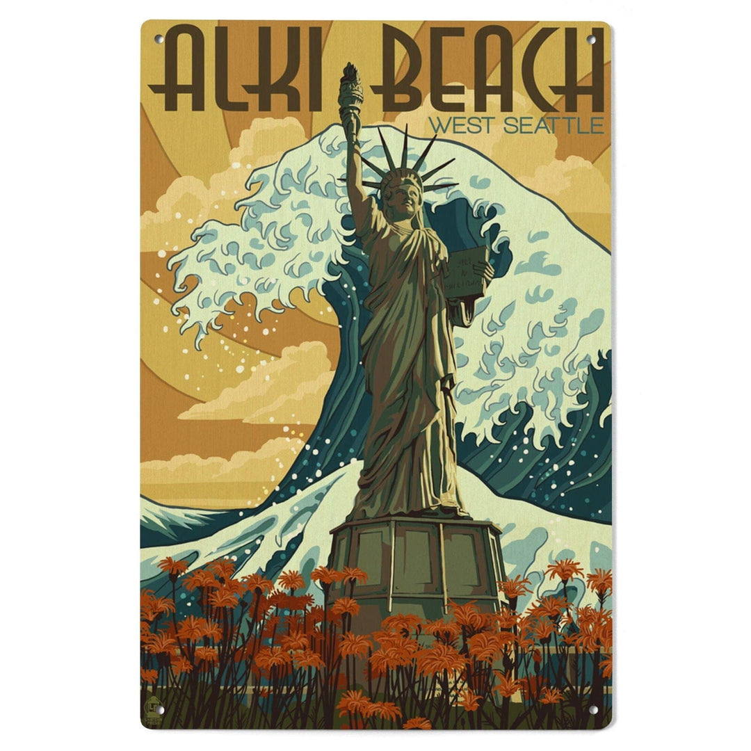 Alki Beach, West Seattle, Washington, Lady Liberty Statue, Lantern Press Artwork, Wood Signs and Postcards Wood Lantern Press 