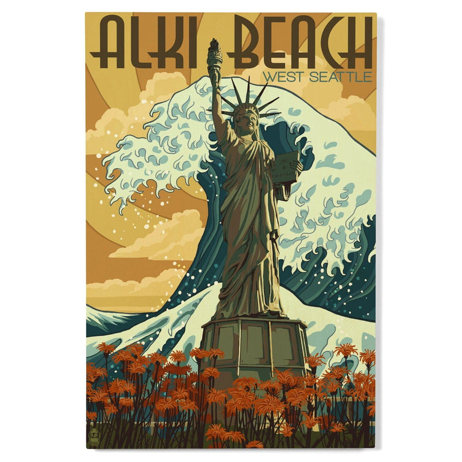 Alki Beach, West Seattle, Washington, Lady Liberty Statue, Lantern Press Artwork, Wood Signs and Postcards Wood Lantern Press 